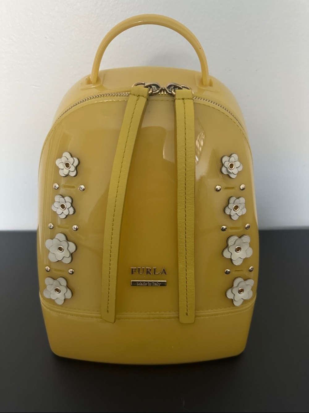Furla Yellow Jelly Mini Backpack with Floral Studs
